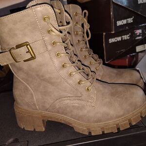 Women’s Taupe Lace-Up Combat Boots with Buckle